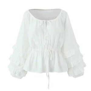 Pink Ripple Women’s Ruffle Boho Top Size M Blouse Balloon Sleeves Festival White